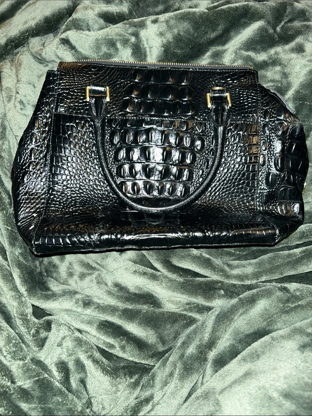 Brahmin Black Croc-Embossed Satchel with Gold Hardware